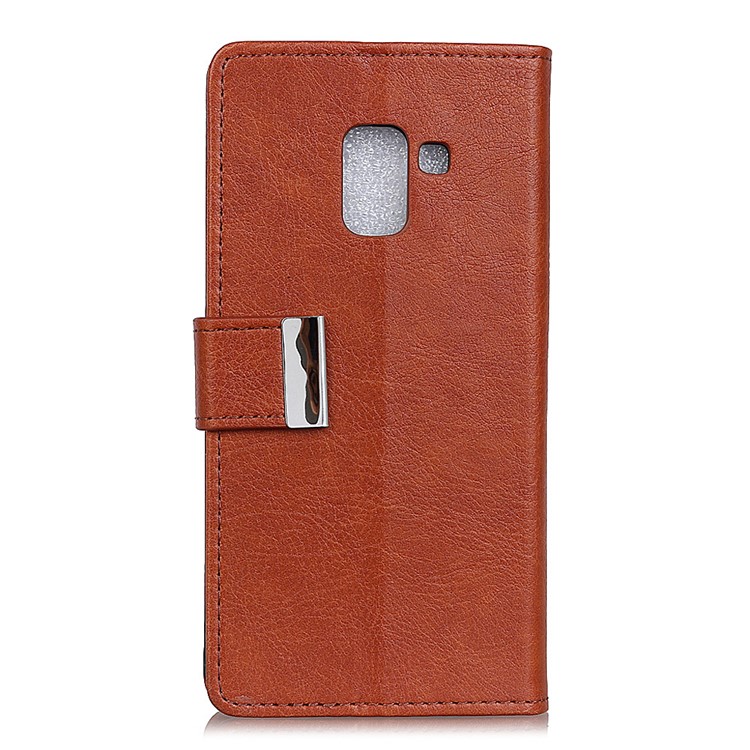 Crazy Horse Texture Leather Metal Magnetic Clasp Cell Phone Case for Samsung Galaxy A8 Plus (2018) - Brown-1