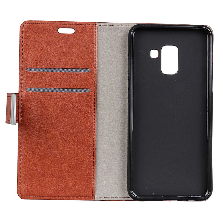 Crazy Horse Texture Leather Metal Magnetic Clasp Cell Phone Case for Samsung Galaxy A8 Plus (2018) - Brown-2