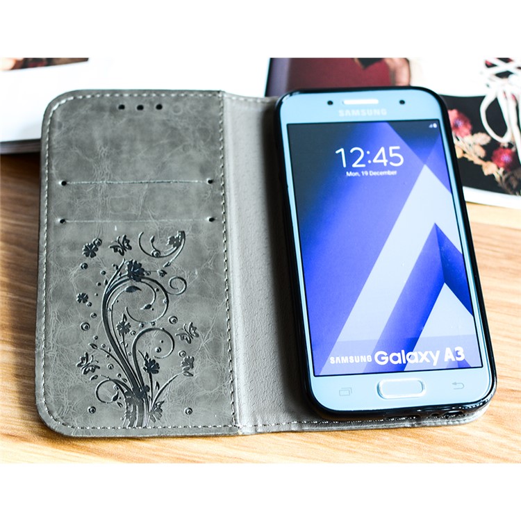 Imprint Diagonal Heart Flower Leather Wallet Case for Samsung Galaxy A3 (2017) - Grey-3
