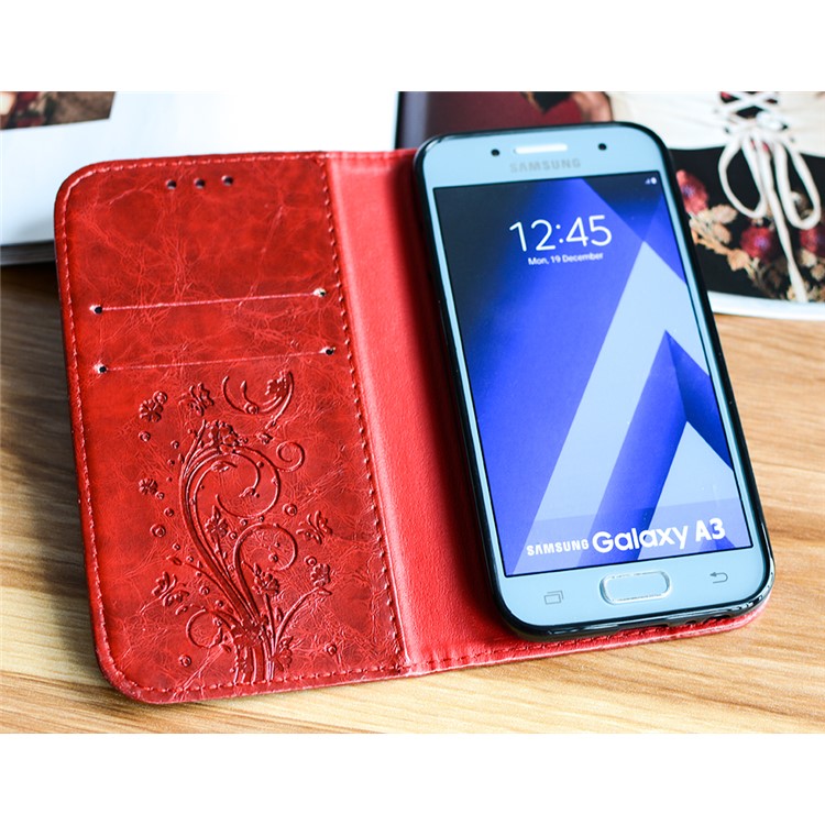 Imprint Diagonal Heart Flower Leather Wallet Cover for Samsung Galaxy A3 (2017) - Red-3
