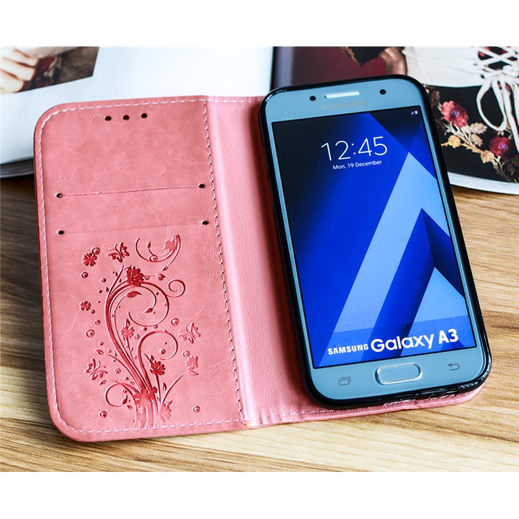 Imprint Diagonal Heart Flower Leather Wallet Shell for Samsung Galaxy A3 (2017) - Pink-4