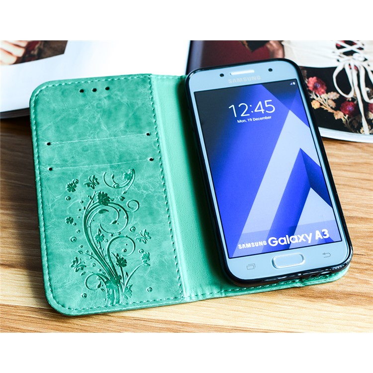 Imprint Diagonal Heart Flower PU Leather Mobile Case for Samsung Galaxy A3 (2017) - Cyan-4