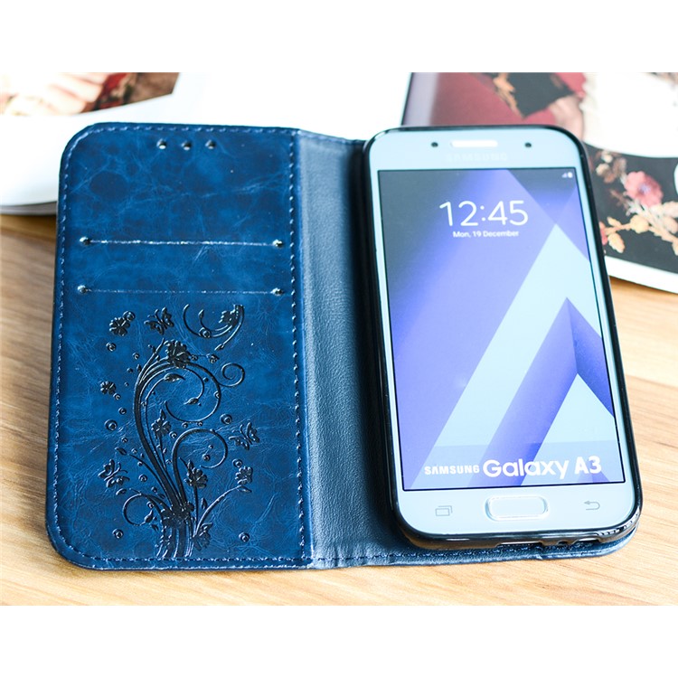 Imprint Diagonal Heart Flower Stand Leather Wallet Phone Case for Samsung Galaxy A3 (2017) - Dark Blue-4