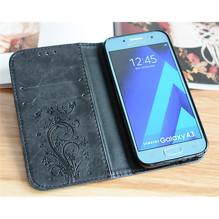 Imprint Diagonal Heart Flower Leather Wallet Mobile Cover for Samsung Galaxy A3 (2017) - Black-3