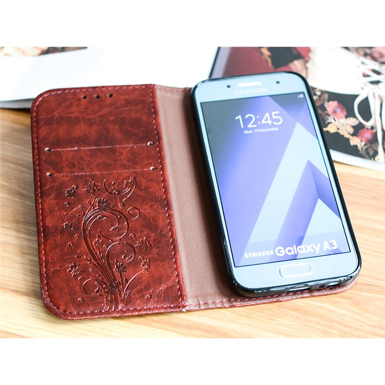 Imprint Diagonal Heart Flower Wallet Leather Phone Cover for Samsung Galaxy A3 (2017) - Coffee-4