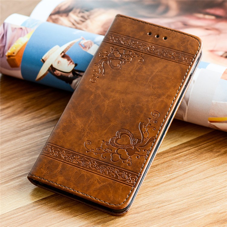 Imprint Diagonal Heart Flower Wallet Stand Leather Mobile Casing for Samsung Galaxy A3 (2017) - Brown-1