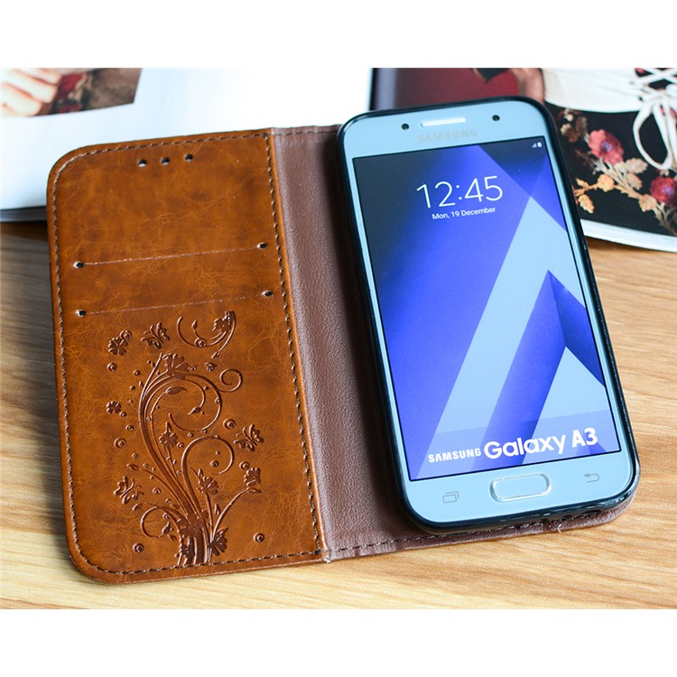Imprint Diagonal Heart Flower Wallet Stand Leather Mobile Casing for Samsung Galaxy A3 (2017) - Brown-2