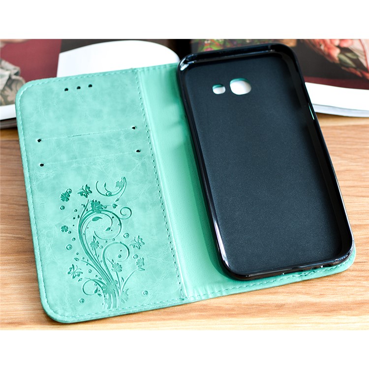 Imprint Diagonal Heart Flower Leather Wallet Phone Case for Samsung Galaxy A7 (2017) SM-A720F - Cyan-2