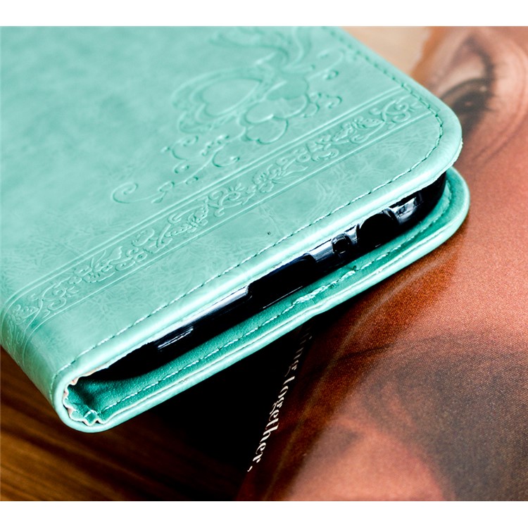Imprint Diagonal Heart Flower Leather Wallet Phone Case for Samsung Galaxy A7 (2017) SM-A720F - Cyan-4