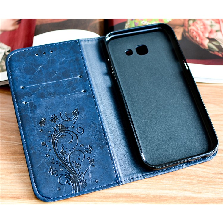 Imprint Diagonal Heart Flower Stand Leather Cover Wallet Case for Samsung Galaxy A7 (2017) SM-A720F - Dark Blue-3