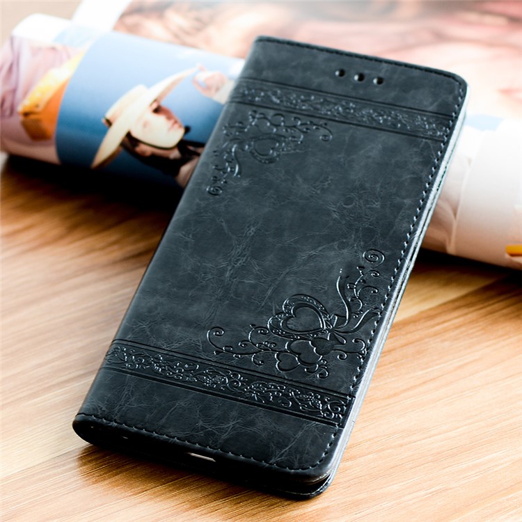 Imprint Diagonal Heart Flower Leather Wallet Mobile Cover for Samsung Galaxy A7 (2017) SM-A720F - Black-1