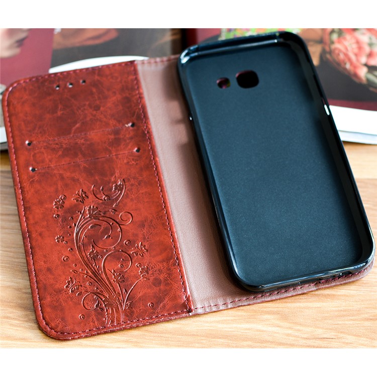 Imprint Diagonal Heart Flower PU Leather Wallet Mobile Shell for Samsung Galaxy A7 (2017) SM-A720F - Coffee-2