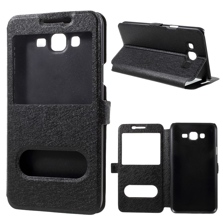 Silk Texture Dual View Window Leather Flip Case for Samsung Galaxy J7 Nxt - Black-1