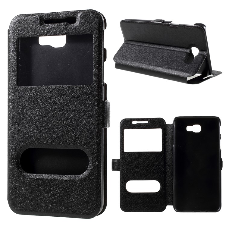 Silk Texture Dual Window Stand Leather Case for Samsung Galaxy On5 Pro (2018) - Black-1