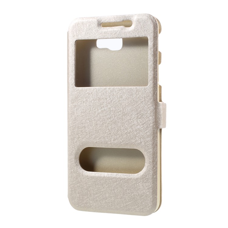 Silk Texture Dual Window Stand Leather Cell Phone Cover for Samsung Galaxy On5 Pro (2018) - Gold-1