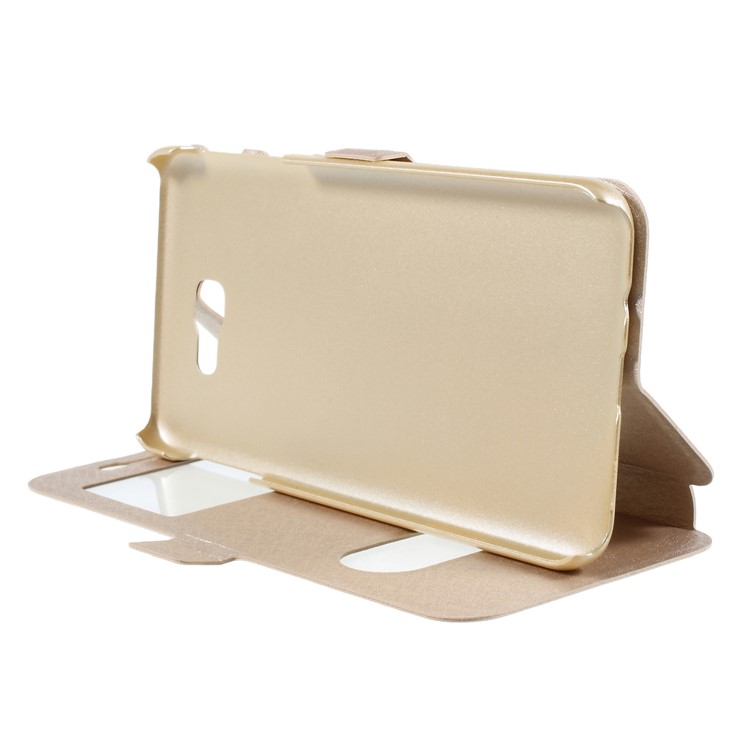 Silk Texture Dual Window Stand Leather Cell Phone Cover for Samsung Galaxy On5 Pro (2018) - Gold-4