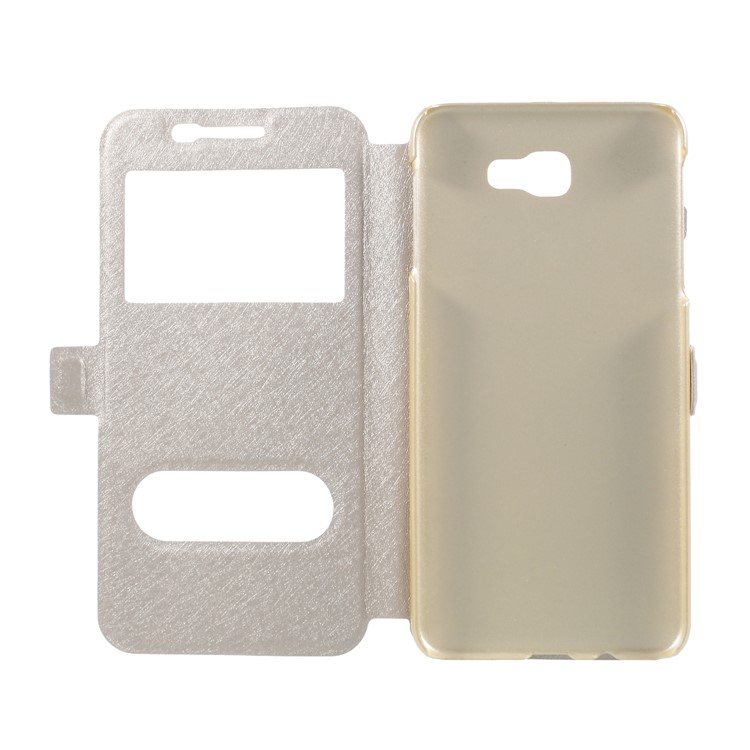 Silk Texture Dual Window Stand Leather Cell Phone Cover for Samsung Galaxy On5 Pro (2018) - Gold-6