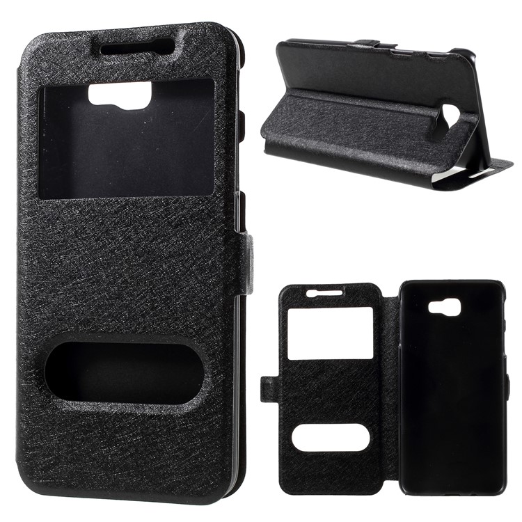 Silk Texture Dual Window PU Leather Case with Stand for Samsung Galaxy On7 Pro (2018) - Black-1