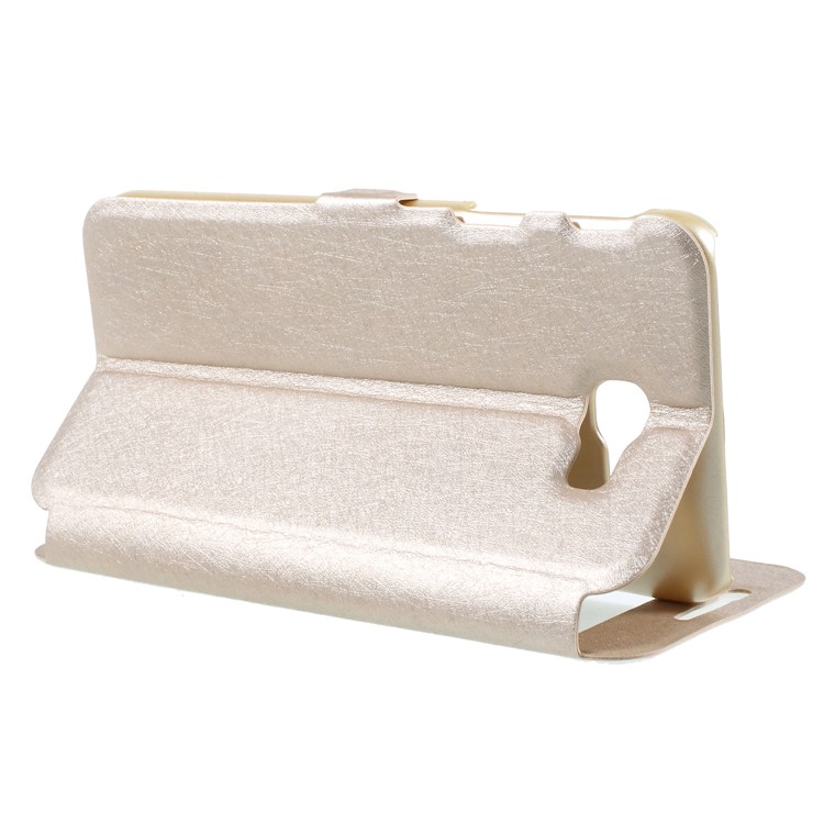 Silk Texture Dual Window Stand Leather Mobile Phone Case for Samsung Galaxy On7 Pro (2018) - Gold-5