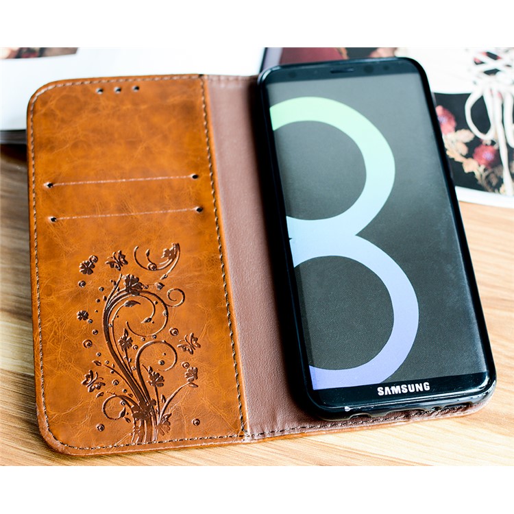 For Samsung Galaxy S8 G950 Imprint Heart Auto-absorbed PU Leather Mobile Flip Cover - Brown-2
