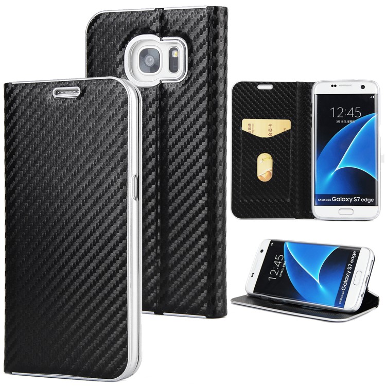 Carbon Fiber Texture Auto-absorbed PU Leather Stand Case for Samsung Galaxy S7 edge - Black-1