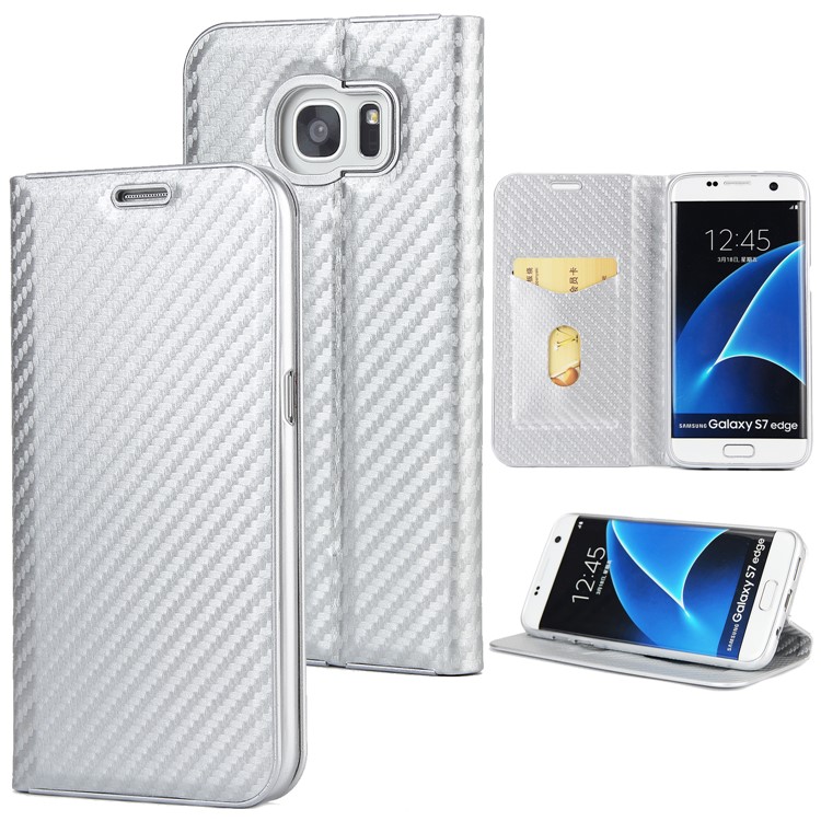 Carbon Fiber Texture Auto-absorbed PU Leather Cover with Stand for Samsung Galaxy S7 edge - White-1