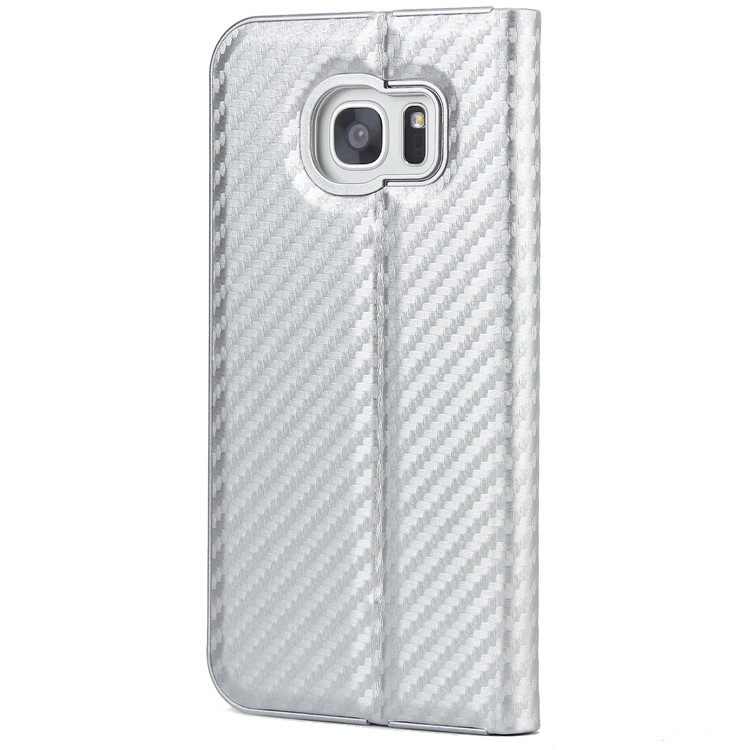 Carbon Fiber Texture Auto-absorbed PU Leather Cover with Stand for Samsung Galaxy S7 edge - White-3