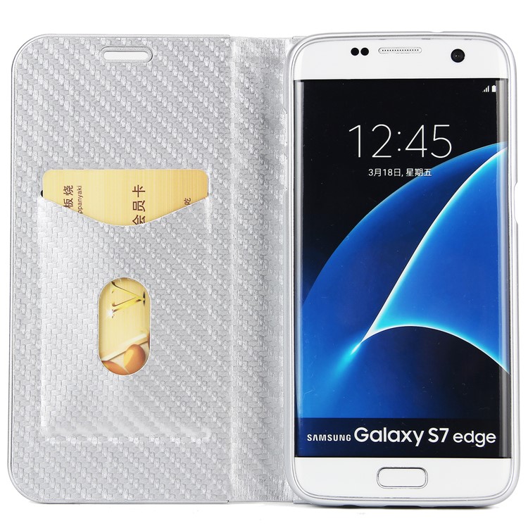 Carbon Fiber Texture Auto-absorbed PU Leather Cover with Stand for Samsung Galaxy S7 edge - White-4