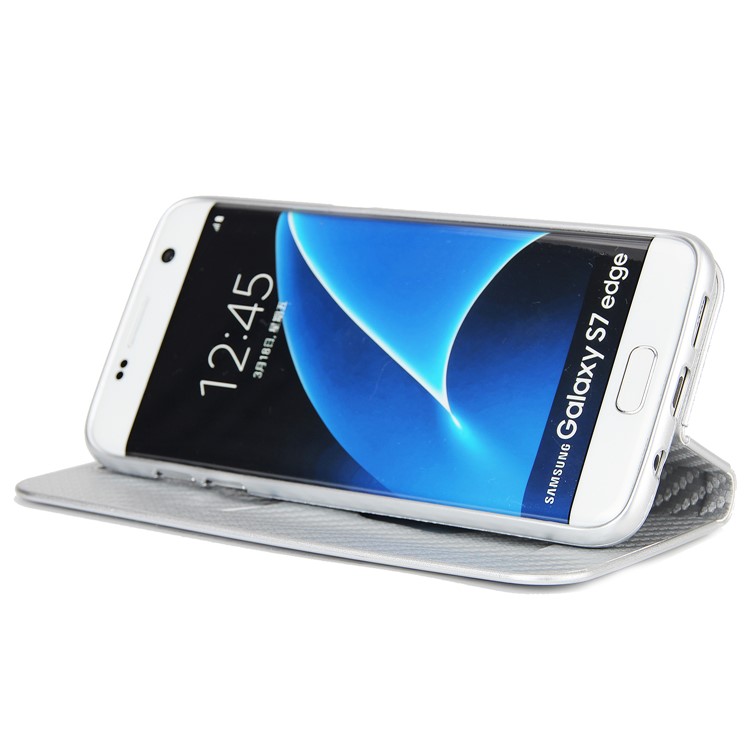 Carbon Fiber Texture Auto-absorbed PU Leather Cover with Stand for Samsung Galaxy S7 edge - White-5