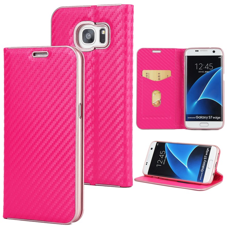 Carbon Fiber Texture Auto-absorbed PU Leather Shell with Card Holder for Samsung Galaxy S7 edge - Rose-1