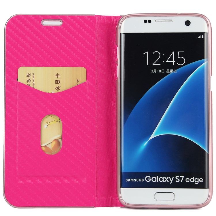 Carbon Fiber Texture Auto-absorbed PU Leather Shell with Card Holder for Samsung Galaxy S7 edge - Rose-4