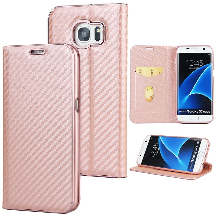 Carbon Fiber Texture Auto-absorbed PU Leather Card Slot Mobile Case for Samsung Galaxy S7 edge - Rose Gold-1