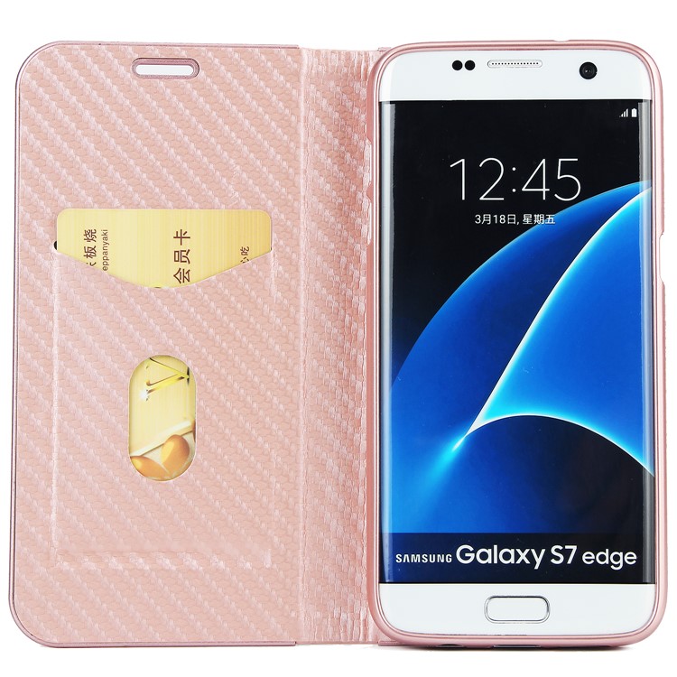 Carbon Fiber Texture Auto-absorbed PU Leather Card Slot Mobile Case for Samsung Galaxy S7 edge - Rose Gold-4