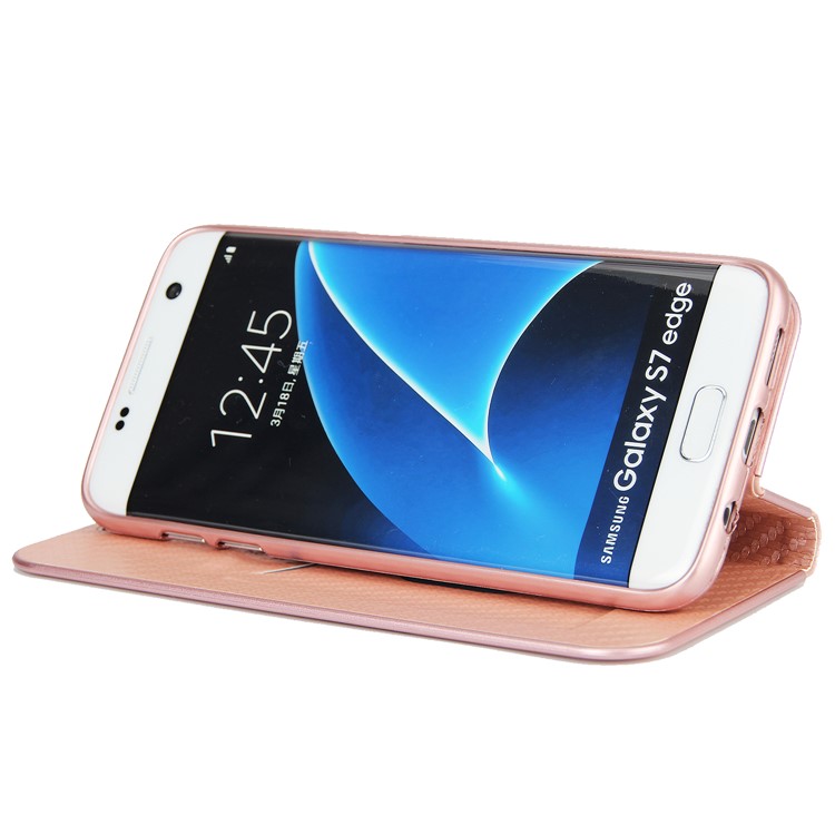 Carbon Fiber Texture Auto-absorbed PU Leather Card Slot Mobile Case for Samsung Galaxy S7 edge - Rose Gold-5