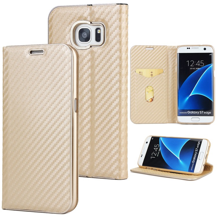 Carbon Fiber Texture Auto-absorbed Leather Phone Case with Card Holder for Samsung Galaxy S7 edge - Gold-1