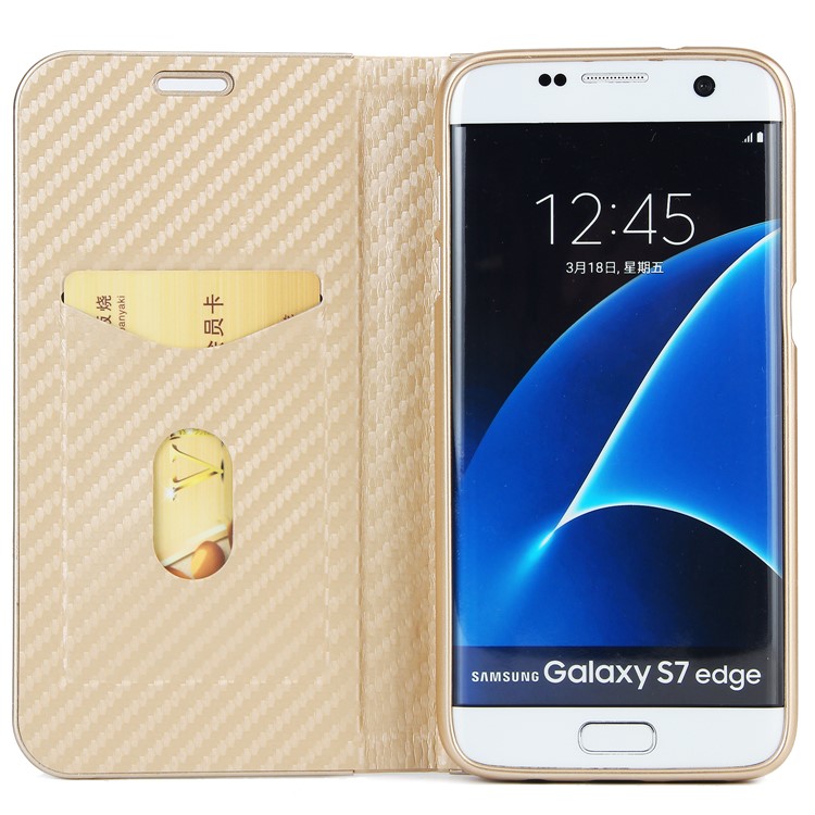 Carbon Fiber Texture Auto-absorbed Leather Phone Case with Card Holder for Samsung Galaxy S7 edge - Gold-4