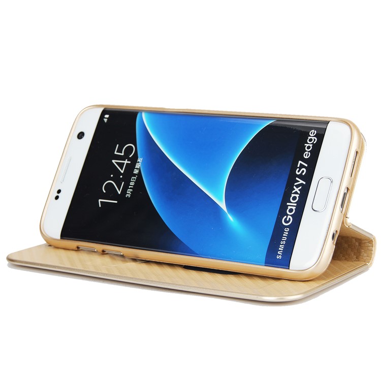 Carbon Fiber Texture Auto-absorbed Leather Phone Case with Card Holder for Samsung Galaxy S7 edge - Gold-5
