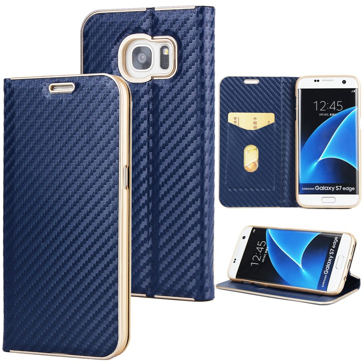 Carbon Fiber Texture Auto-absorbed PU Leather Protective Cover Shell for Samsung Galaxy S7 edge - Dark Blue-1