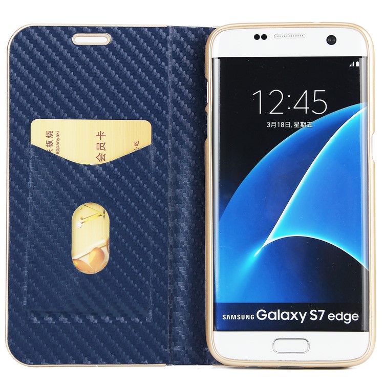Carbon Fiber Texture Auto-absorbed PU Leather Protective Cover Shell for Samsung Galaxy S7 edge - Dark Blue-4