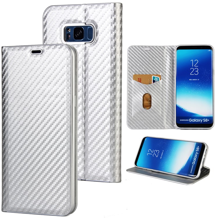 Carbon Fiber Texture Auto-absorbed Leather Cover with Stand for Samsung Galaxy S8 SM-G950 - White-1