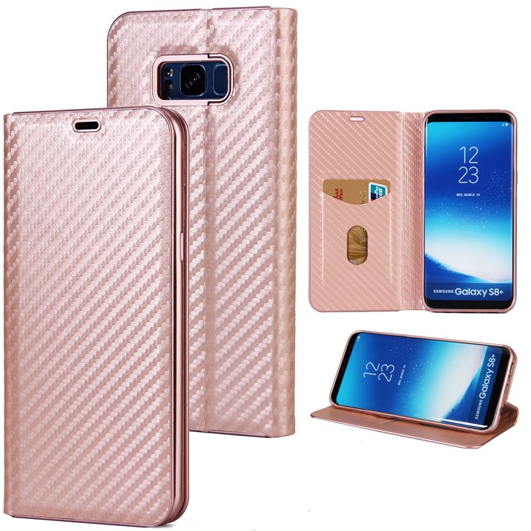 Carbon Fiber Texture Auto-absorbed Leather Protective Cover Shell for Samsung Galaxy S8 SM-G950 - Rose Gold-1