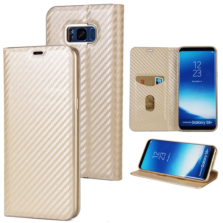 Carbon Fiber Texture Auto-absorbed Leather Card Slot Case Cover for Samsung Galaxy S8 SM-G950 - Gold-1