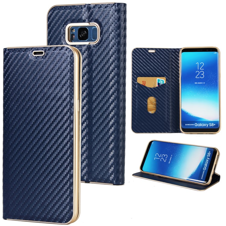 Carbon Fiber Texture Auto-absorbed Leather Phone Casing for Samsung Galaxy S8 SM-G950 - Dark Blue-1