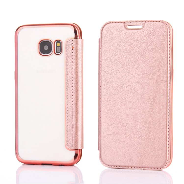 Litchi Texture PU Leather + Plated TPU Card Slot Case for Samsung Galaxy S7 edge G935 - Rose Gold-1