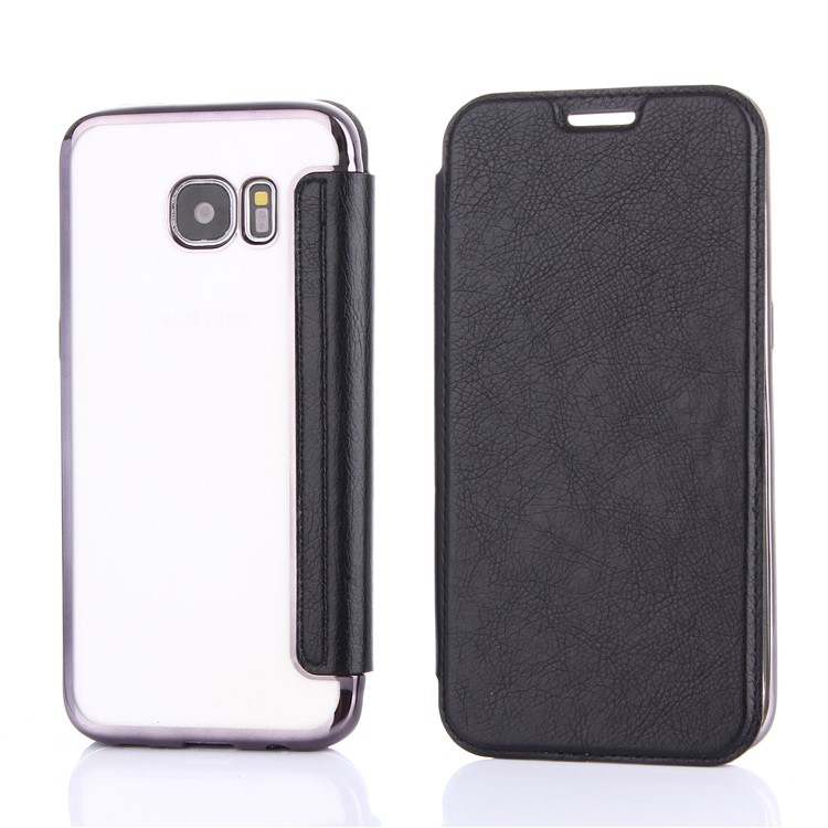 Litchi Texture PU Leather + Plated TPU Card Slot Cover for Samsung Galaxy S7 edge G935 - Black-1