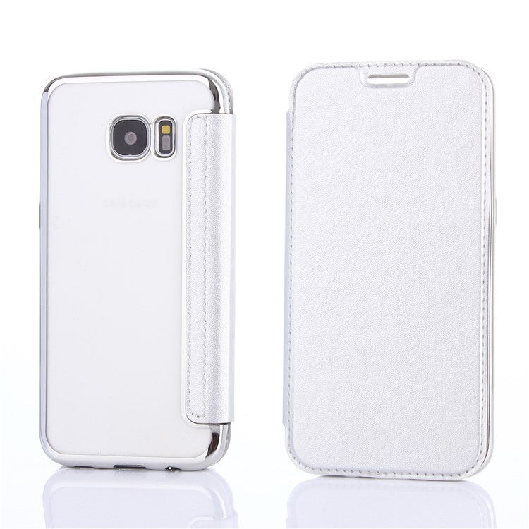 Litchi Texture PU Leather + Plated TPU Card Holder Phone Casing for Samsung Galaxy S7 edge G935 - White-1
