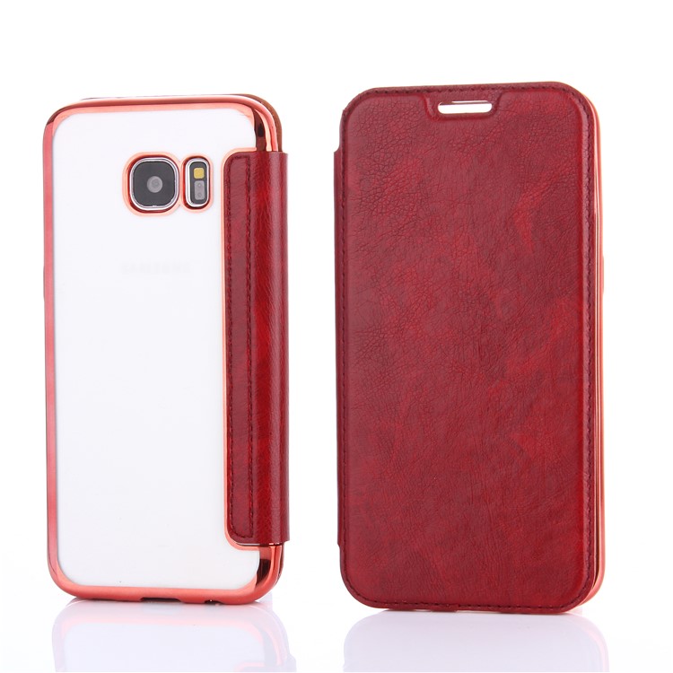Litchi Texture PU Leather + Plated TPU Card Holder Mobile Phone Shell for Samsung Galaxy S7 edge G935 - Red-1