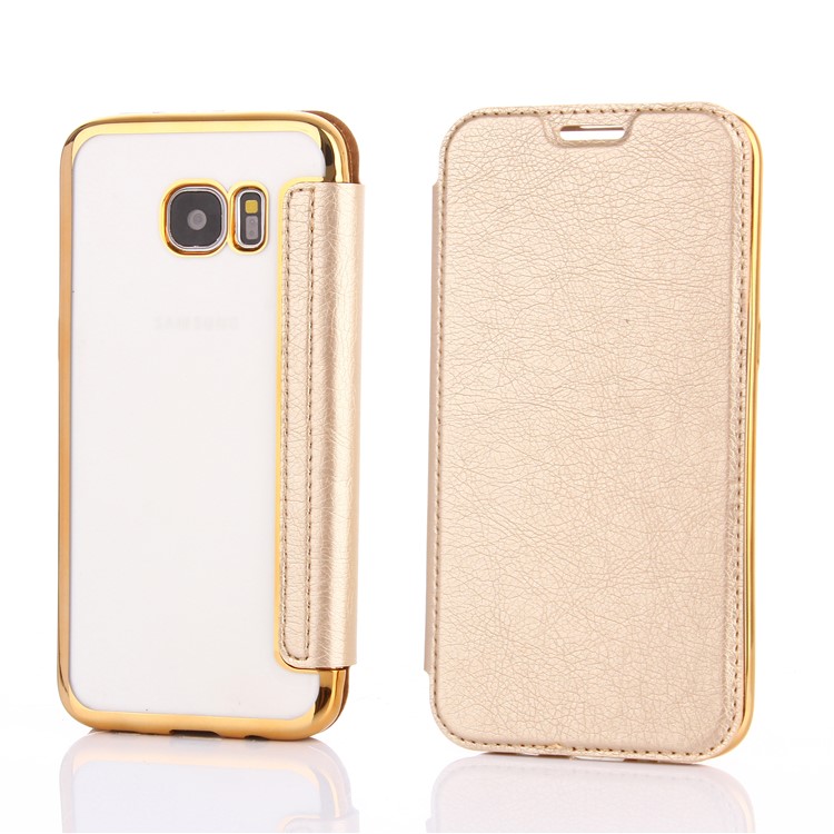 Litchi Texture PU Leather + Plated TPU Card Holder Flip Case for Samsung Galaxy S7 edge G935 - Gold-1