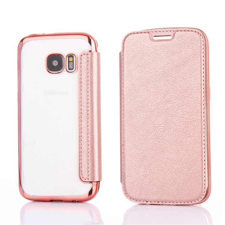 Litchi Texture PU Leather + Plated TPU Card Holder Case for Samsung Galaxy S7 G930 - Rose Gold-1