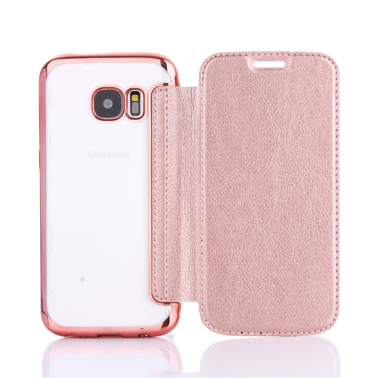 Litchi Texture PU Leather + Plated TPU Card Holder Case for Samsung Galaxy S7 G930 - Rose Gold-2
